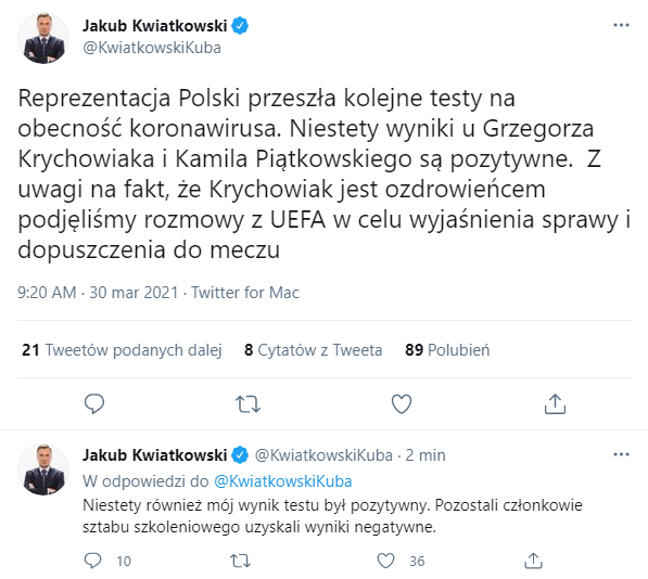 PILNE! DWA NOWE PRZYPADKI KORONAWIRUSA WŚRÓD PIŁKARZY REPREZENTACJI POLSKI!